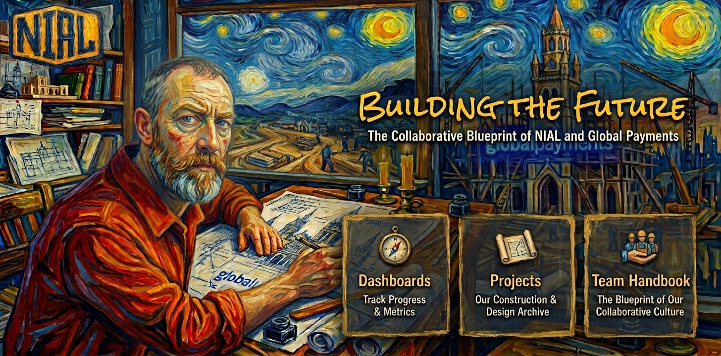 Building the Future: a painting of a drafting desk at night, with Worldpay coming down and the Global Payments cathedral going up